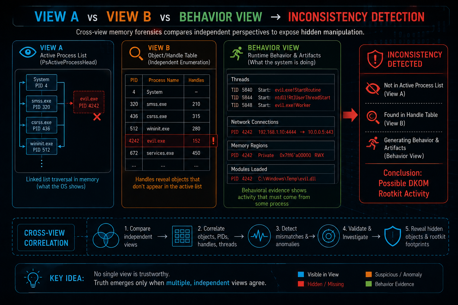 Cross-view memory forensics views and independent reconstruction paths