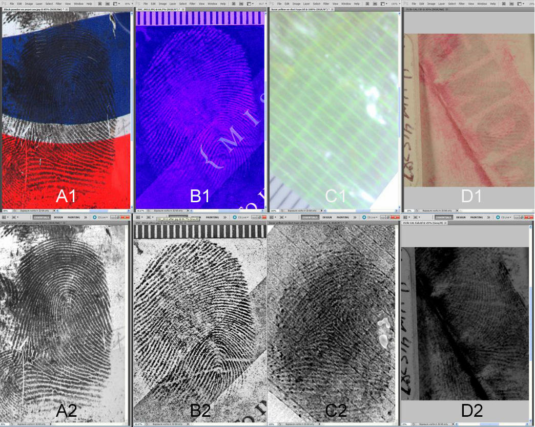 Fingerprint images before and after digital enhancement showing improved clarity